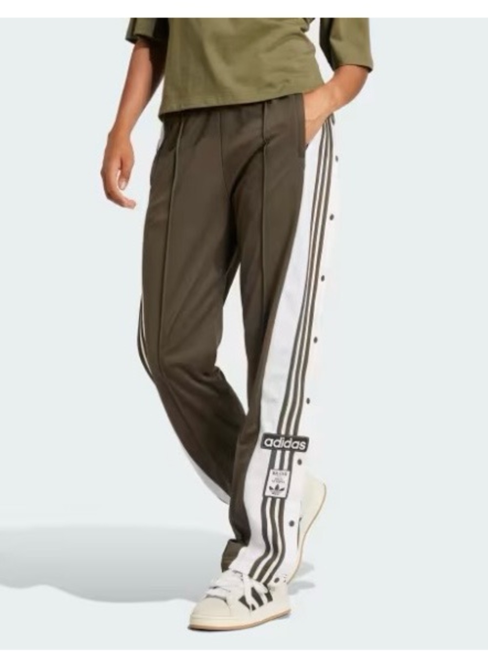 adidas Olive Green Snap-Panel Track Pants with White Side Stripes